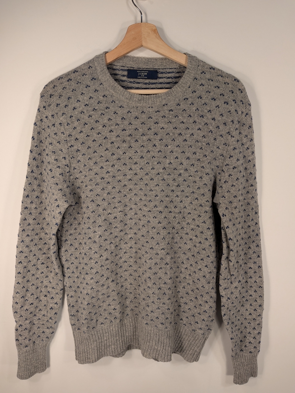 J.Crew 100% Lambswool Crewneck Sweater, Grey/Navy Pattern